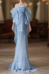 Sexy Mermaid Off The Shoulder Blue Sequin Long Semi Formal Prom Dresses Evening Gowns